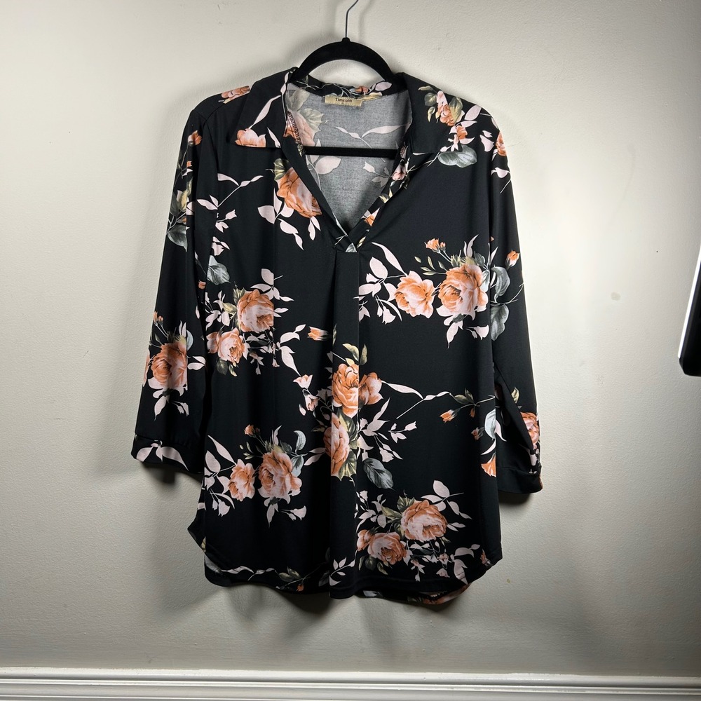 Timeson Floral V-Neck Blouse Womens XL Black Peach 3/4 Sleeve Pleated Front Top
